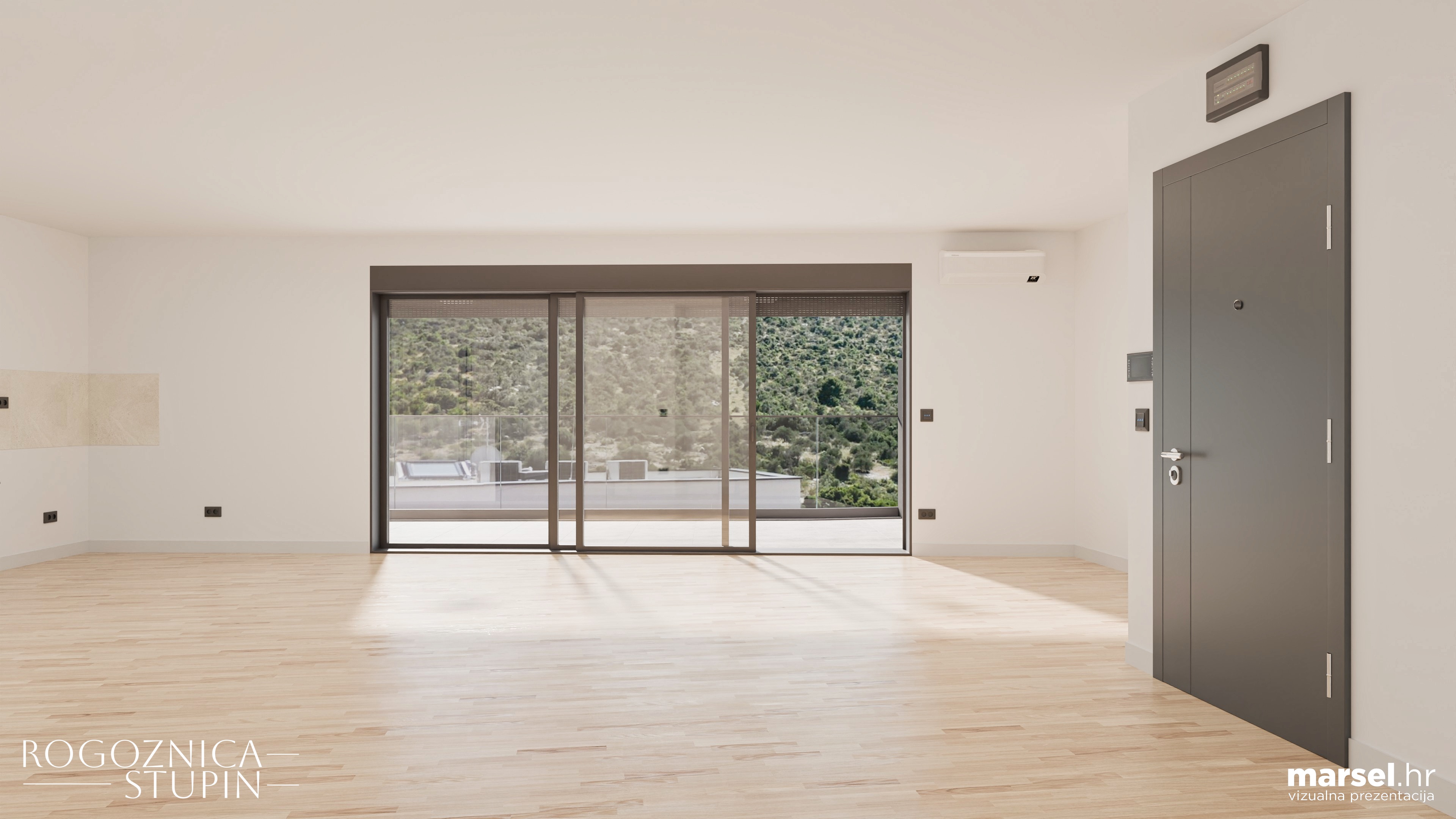 Vizualizacija interijera apartmana u novogradnji Rogoznica Stupin. Prostrani i svijetli unutarnji prostori s pogledom na more, idealni za stanovanje ili investiranje u apartman na dalmatinskoj obali.